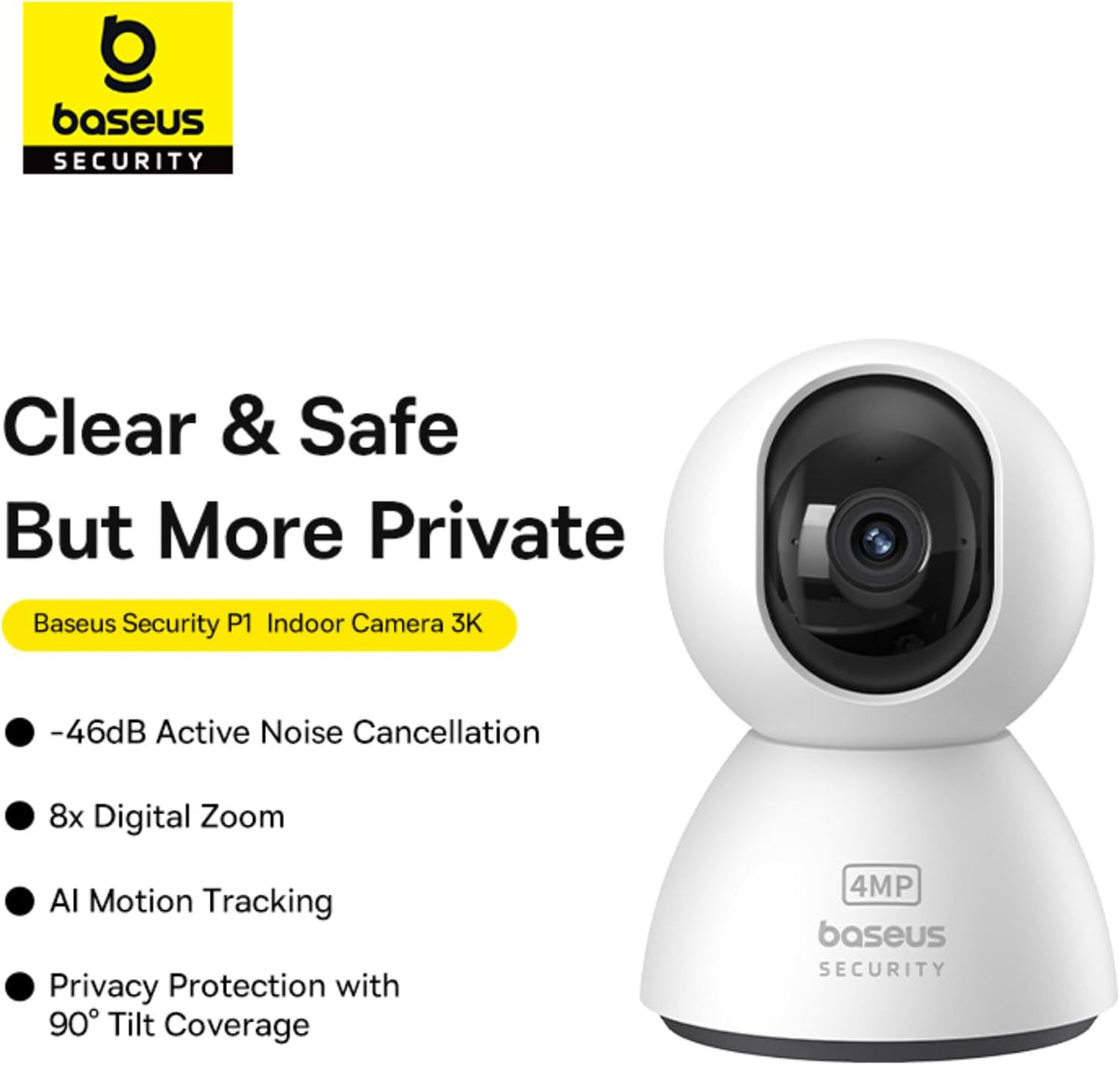 Baseus Security P1 Indoor Camera, 3K 4MP WiFi Camera with App Control, Night Vision, Motion Detection, 2-Way Audio, Pan Tilt, Baby Monitor, Alexa/Google Support — White