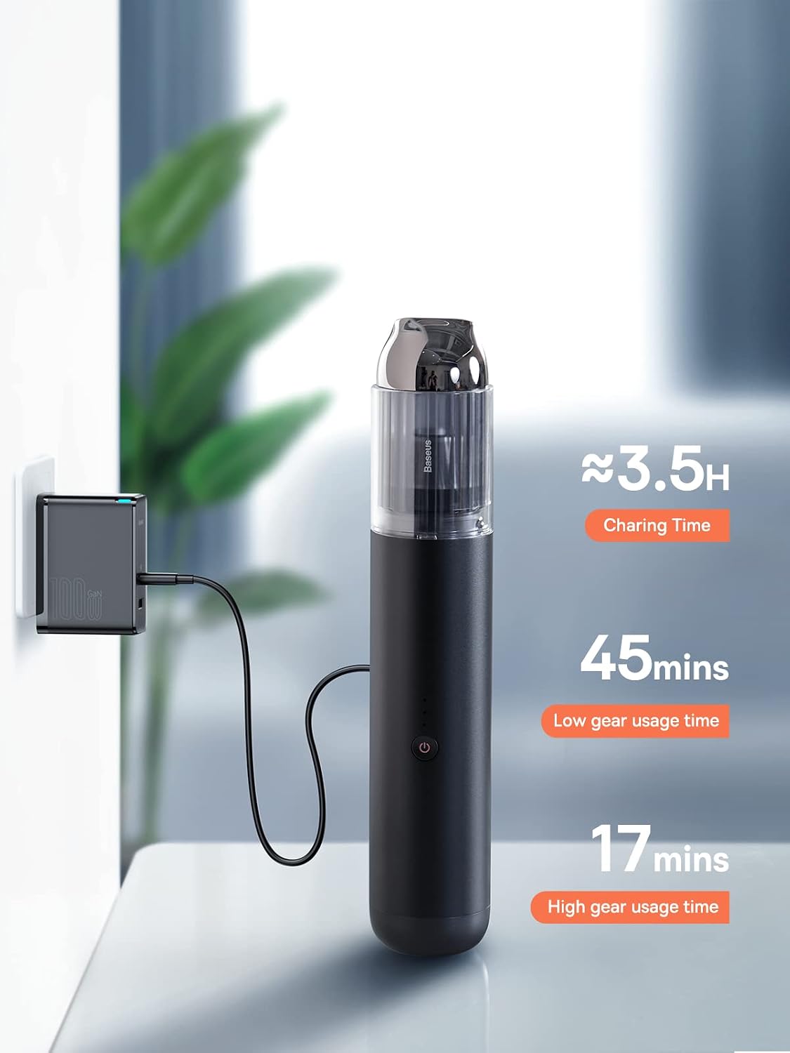Baseus Car Vacuum Cleaner, 15kPA Handheld Vacuum with Type C Fast Charging, 136W Car Vacuum Cordless Rechargeable with LED Lights, Mini Dust Buster for Car, Pet, Desk, Laptop — Black