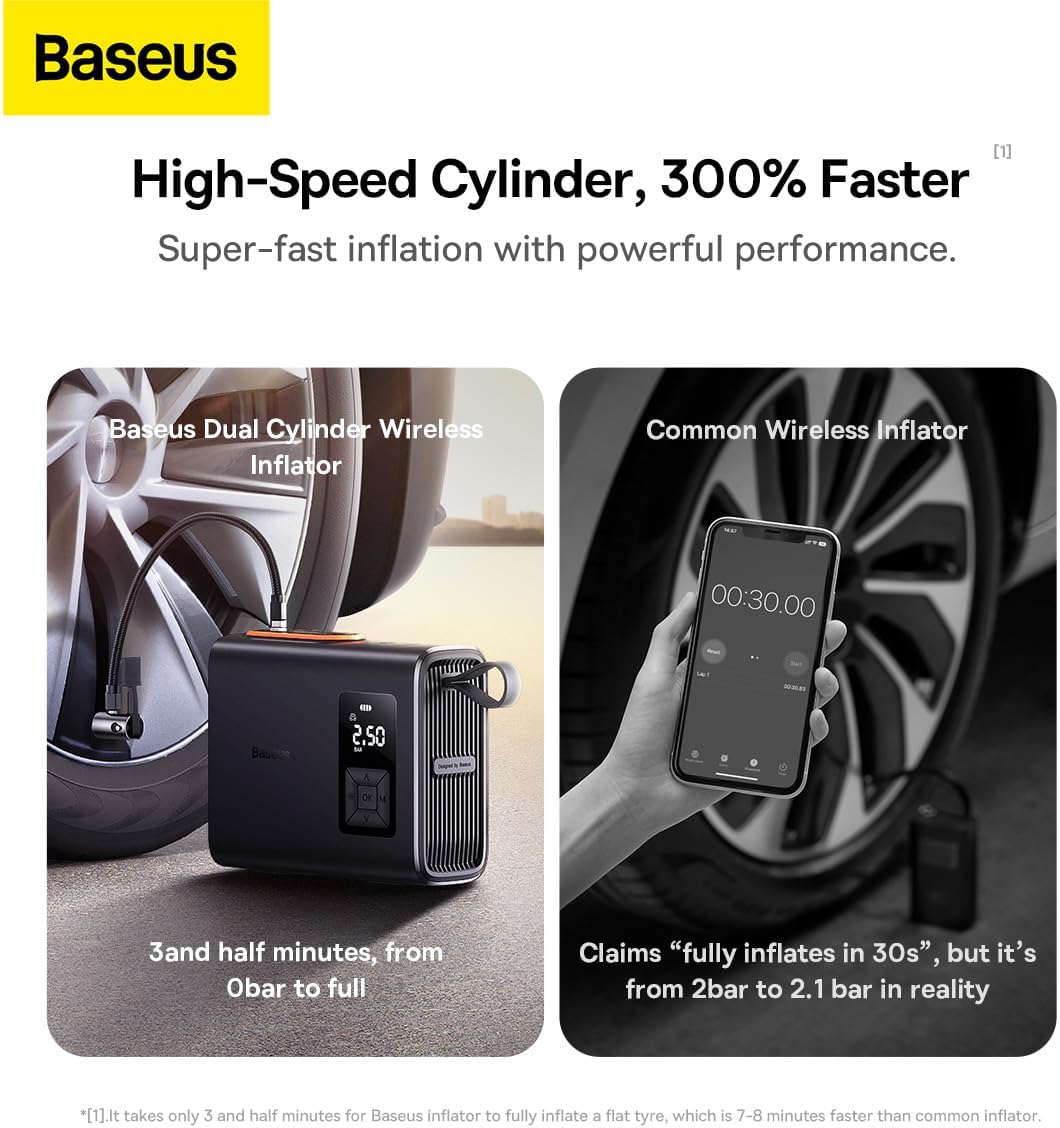 Baseus EnergyPump Mega Series Dual Cylinder Wireless Inflator, 150PSI Portable Air Compressor, 250W, 6000mAh, Smart LCD, Auto-Stop, LED Light, for Car, Motorcycle, Bike (Black) — Black