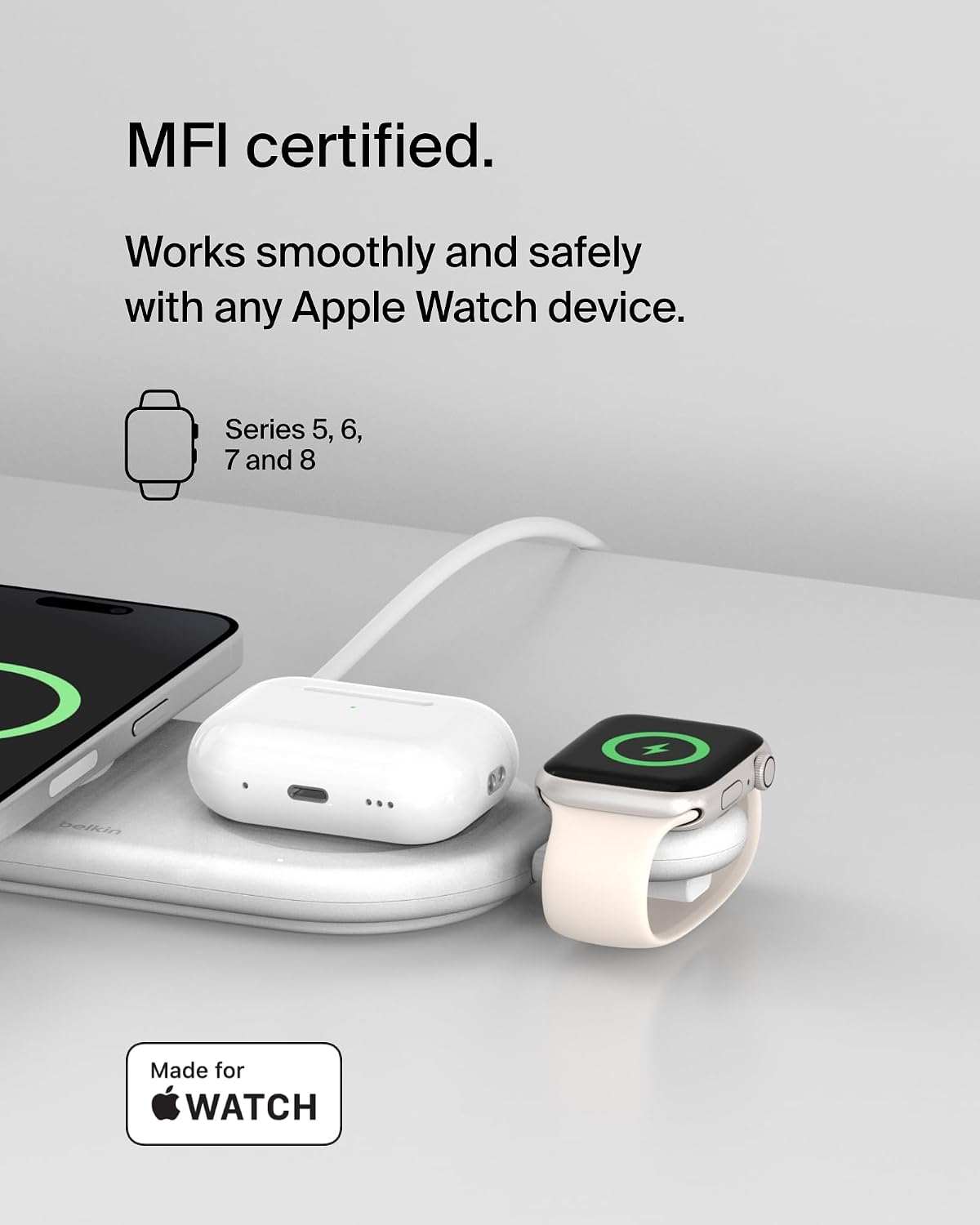 Belkin BoostCharge Portable USB-C Apple Watch Charger - MFi-Certified USB-C Charger for Apple Watch Series 9, Series 8, Series 7, Ultra, & More - Compatible w/MacBook, iPhone 15, & More - White