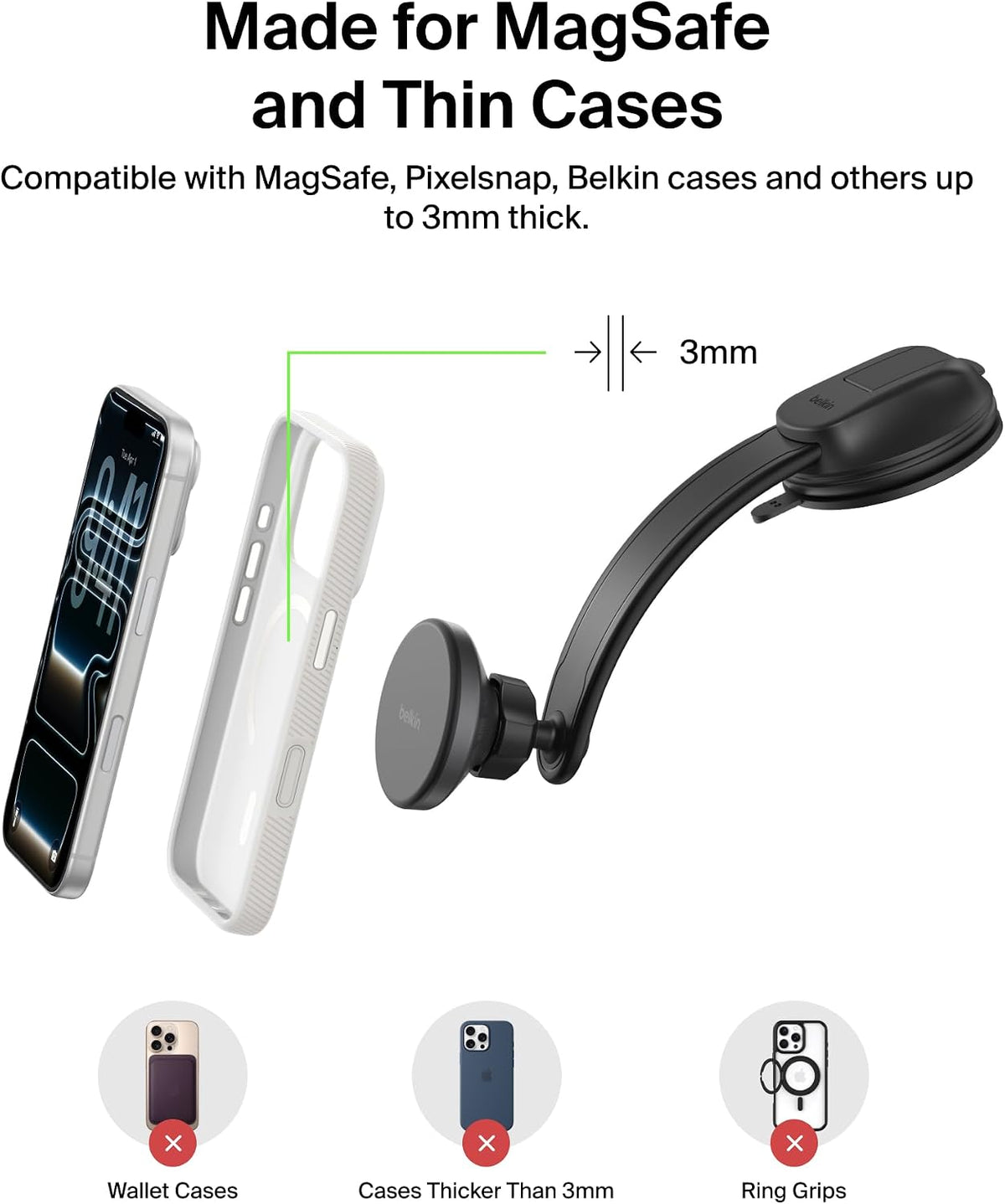Belkin Wireless Car Charger, Magnetic Car Vent Mount & Dash Mount with USB C Cable, MagSafe Compatible Fast Charging for iPhone 17, Galaxy S25, Pixel 10, & More - Qi2 Travel Car Accessories - Black