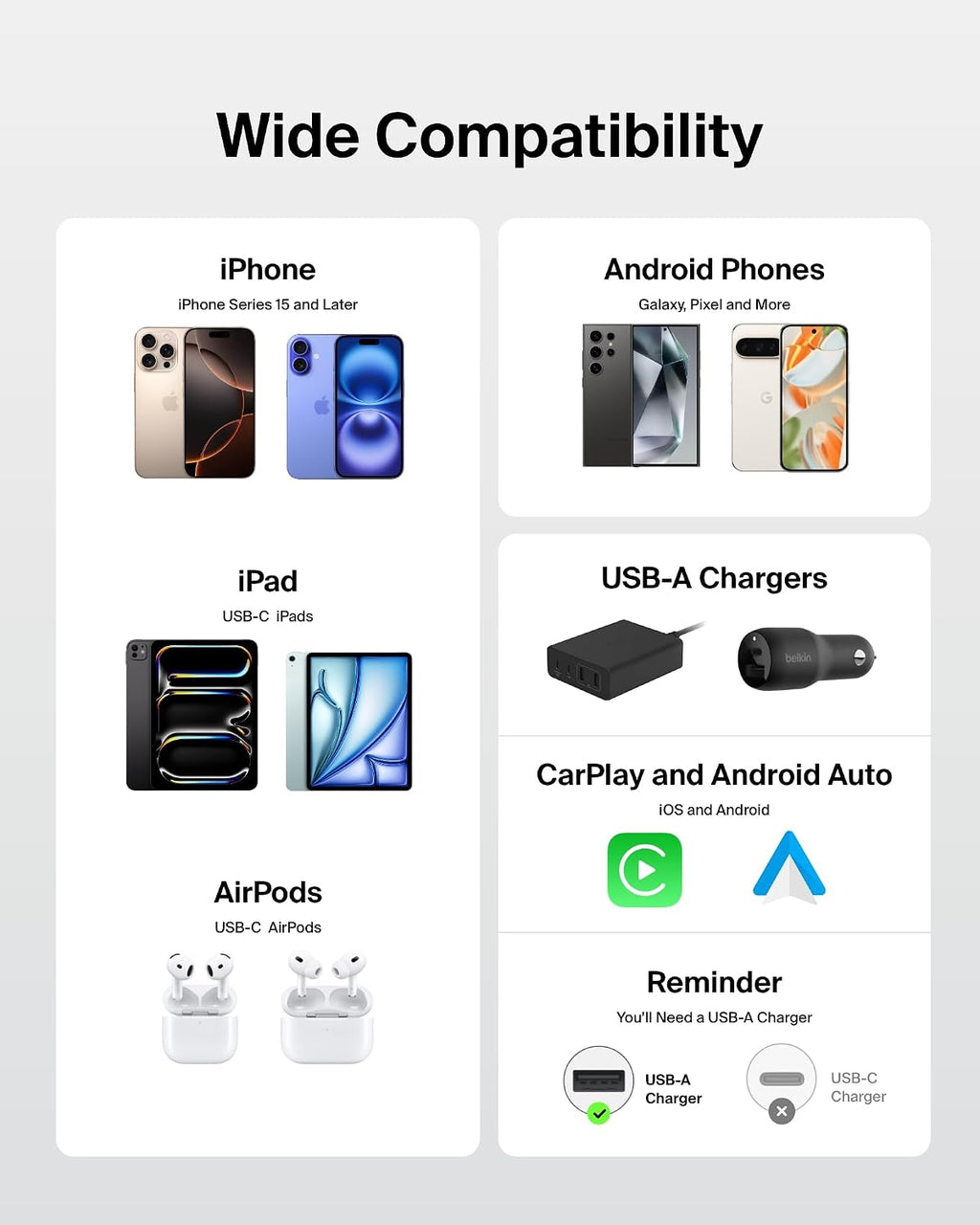 Belkin 2-Pack Braided USB-A to USB-C Cable 5ft, 15W - Soft, Flexible Fast-Charging Cable, Type C Charger Cord for iPhone 17 & 16 Series, Galaxy S25, Pixel 10, iPad Pro, & More - White
