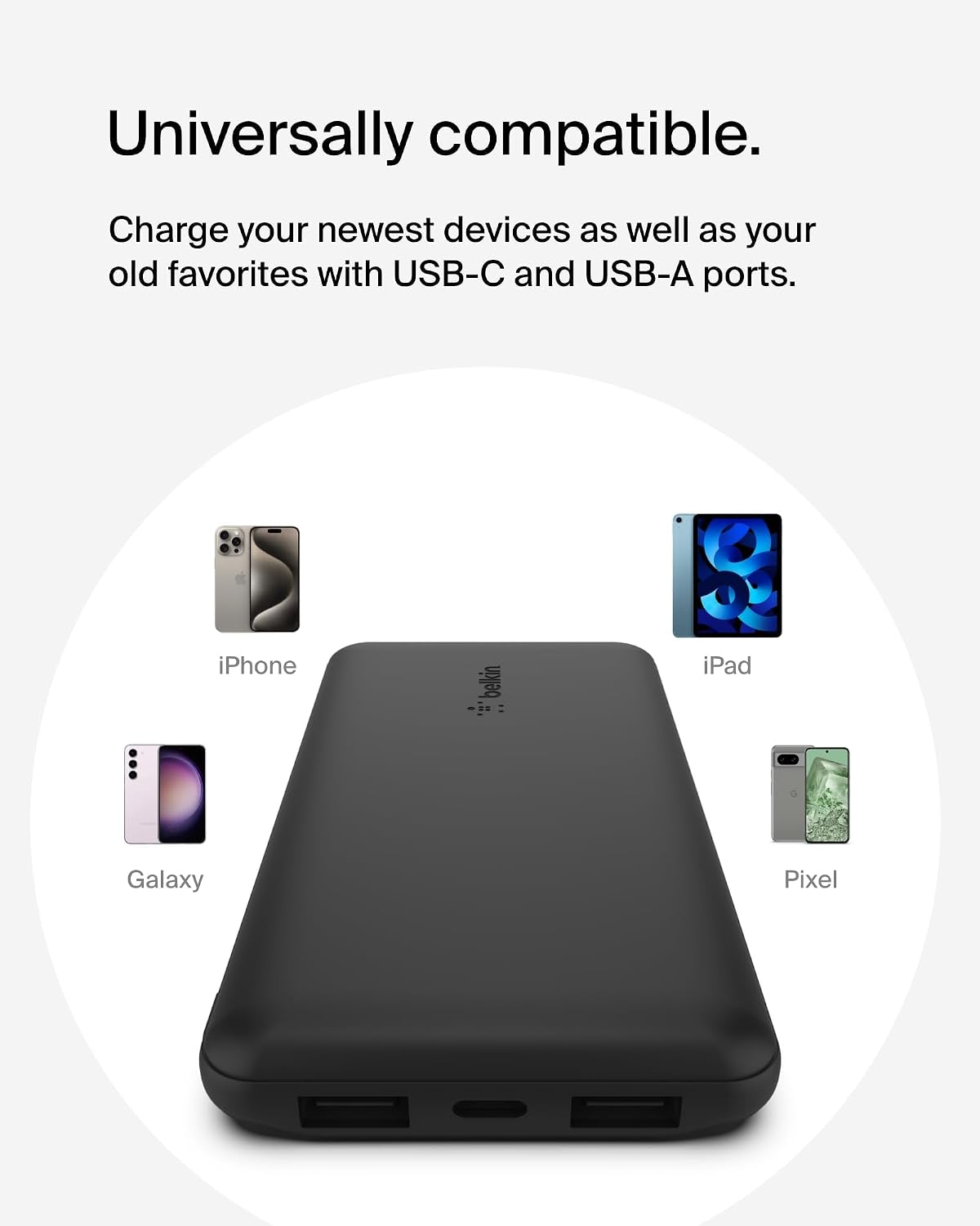Belkin 10000mAh portable power bank, 10K USB-C portable charger with 1 USB-C port and 2 USB-A ports, battery pack for up to 15W charging for iPhone, Samsung Galaxy, AirPods, iPad, and more – Black