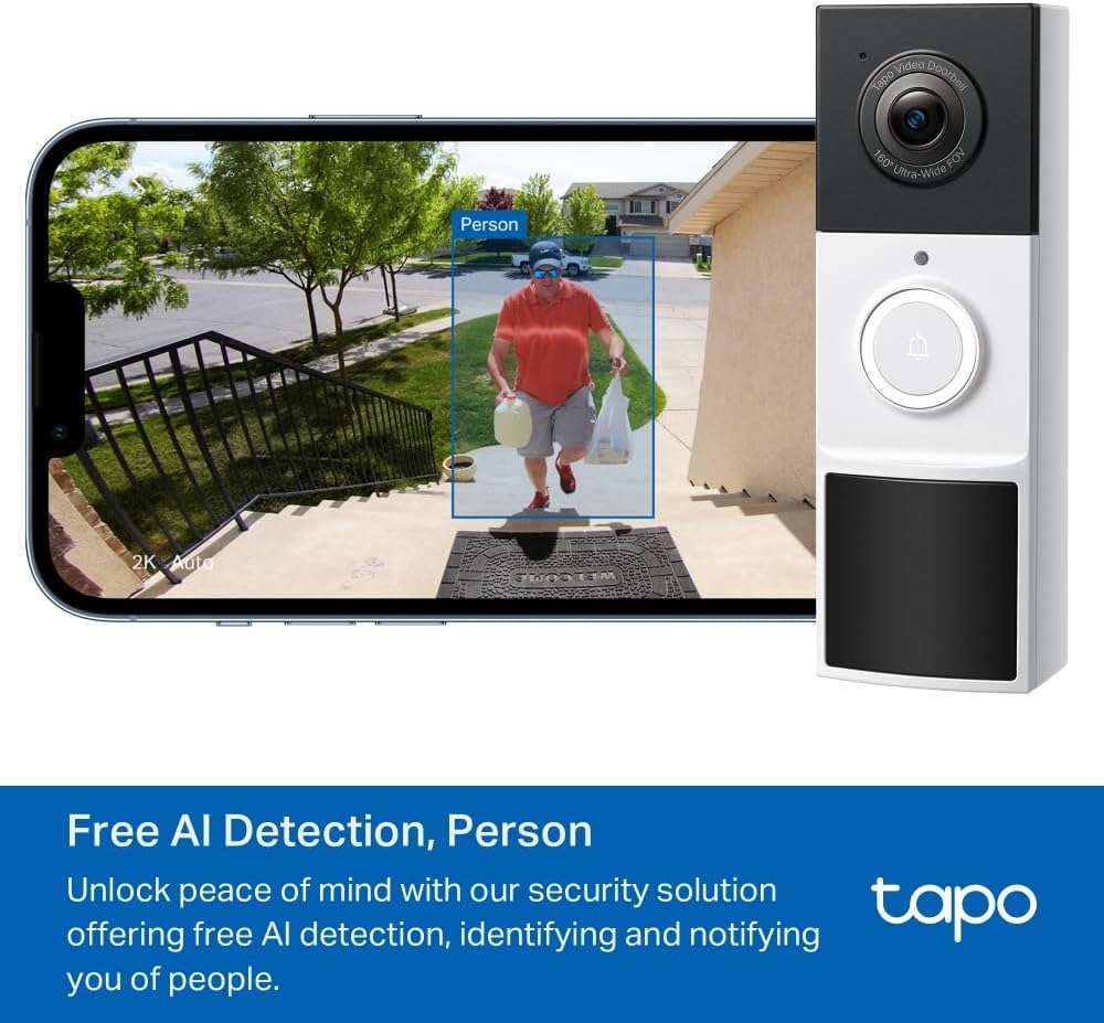 TP-Link Tapo D210, 2K 3MP, Battery Powered, Two-Way Talk, IP64, Cloud/Local Storage, Works with Alexa and Google Home, Easy Installation, Tapo Smart Video Colour Night Vision Supported Doorbell