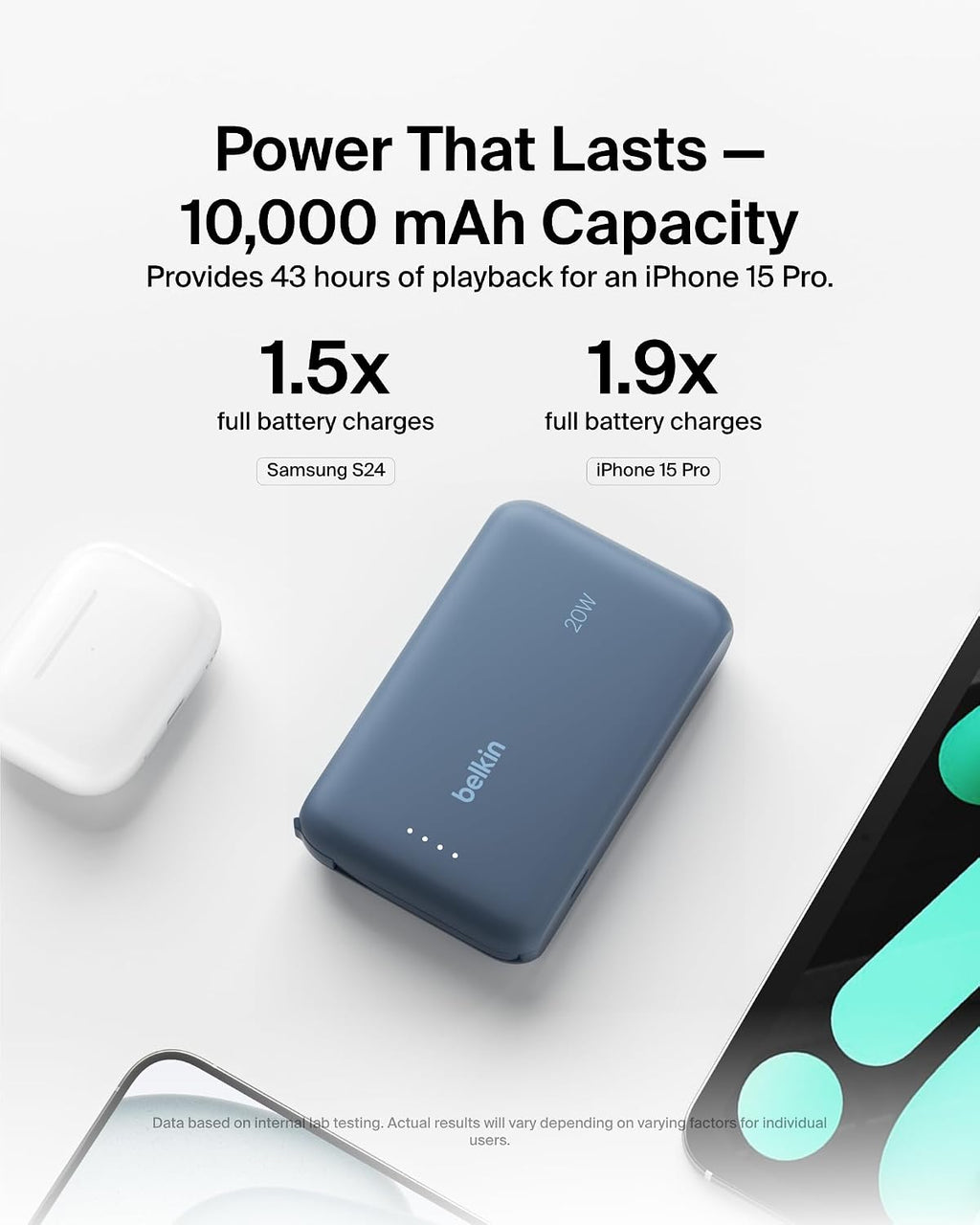 Belkin BoostCharge 10000mAh Power Bank with Integrated USB-C Cable - Blue