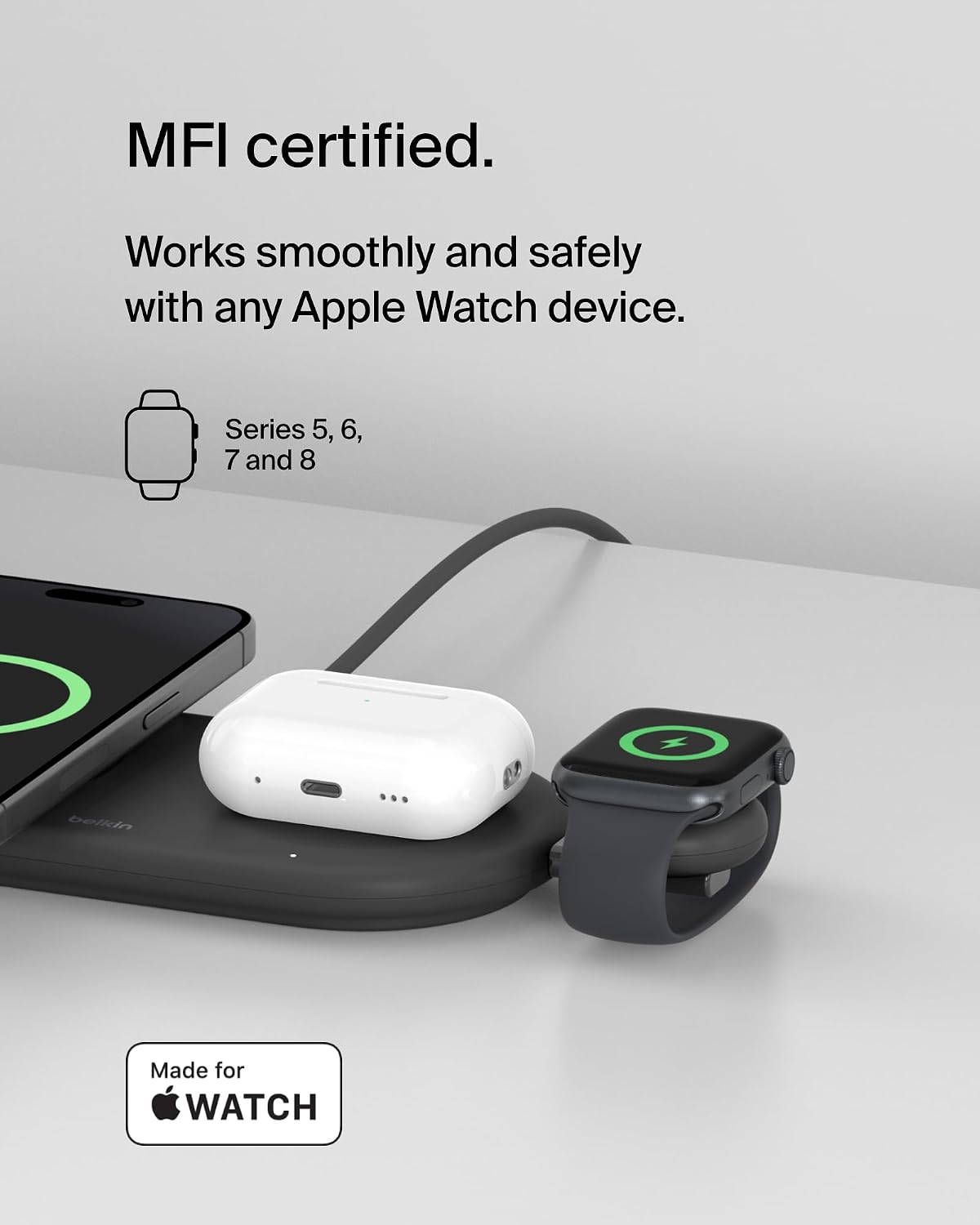 Belkin BoostCharge Portable USB-C Apple Watch Charger - MFi-Certified USB-C Charger for Apple Watch Series 9, Series 8, Series 7, Ultra, & More - Compatible w/MacBook, iPhone 15, & More - Black