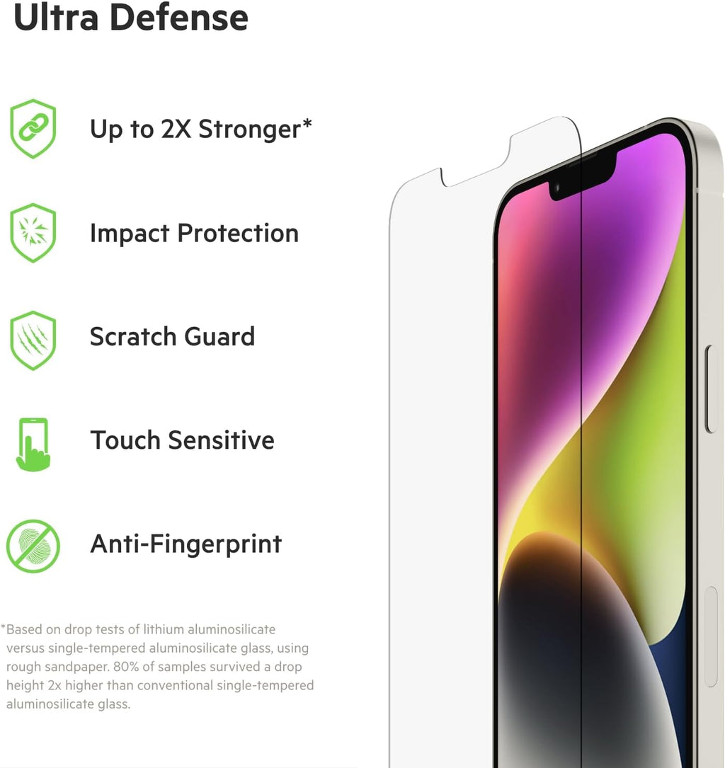 Belkin UltraGlass iPhone 14 Plus, iPhone 13 Pro Max Screen Protector, AntiMicrobial-Treated, Easy Bubble Free Application with Included Installation Guide Tray, 9H Hardness Tested, Tempered Glass