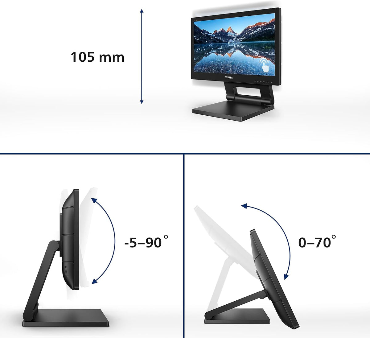 Philips 162B9T - 16 HD inch Touch Monitor, 60Hz, 4ms, TN, Speakers, Height Adjust (1366 x 768, 220 cd/m² HDMI/DVI/VGA/DP/USB 3.1) — Black