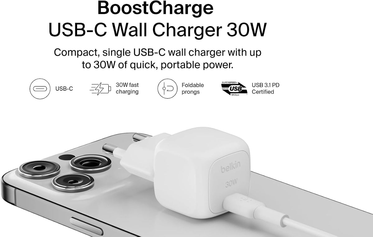 Belkin BoostCharge 30W Mains Charger (Compact and Portable, USB-C Power Delivery, for all iPhone 16, 15, 14, 13, Samsung Galaxy S24, S23, iPad, AirPods, Tablets, etc., White)
