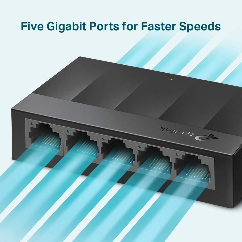 TP-Link LS1005G 5-Port Desktop/Wallmount Gigabit Ethernet Switch/Hub, Network Splitter, Plug and Play, Plastic Case, Black