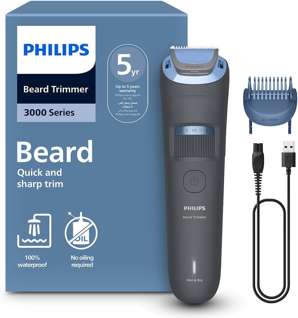 Philips Beard Trimmer BT3617/15 — 20 length settings 0.5–10 mm — Comb lifts hairs for an even trim — 100% washable — 60 min cordless — USB-A charging — Gray