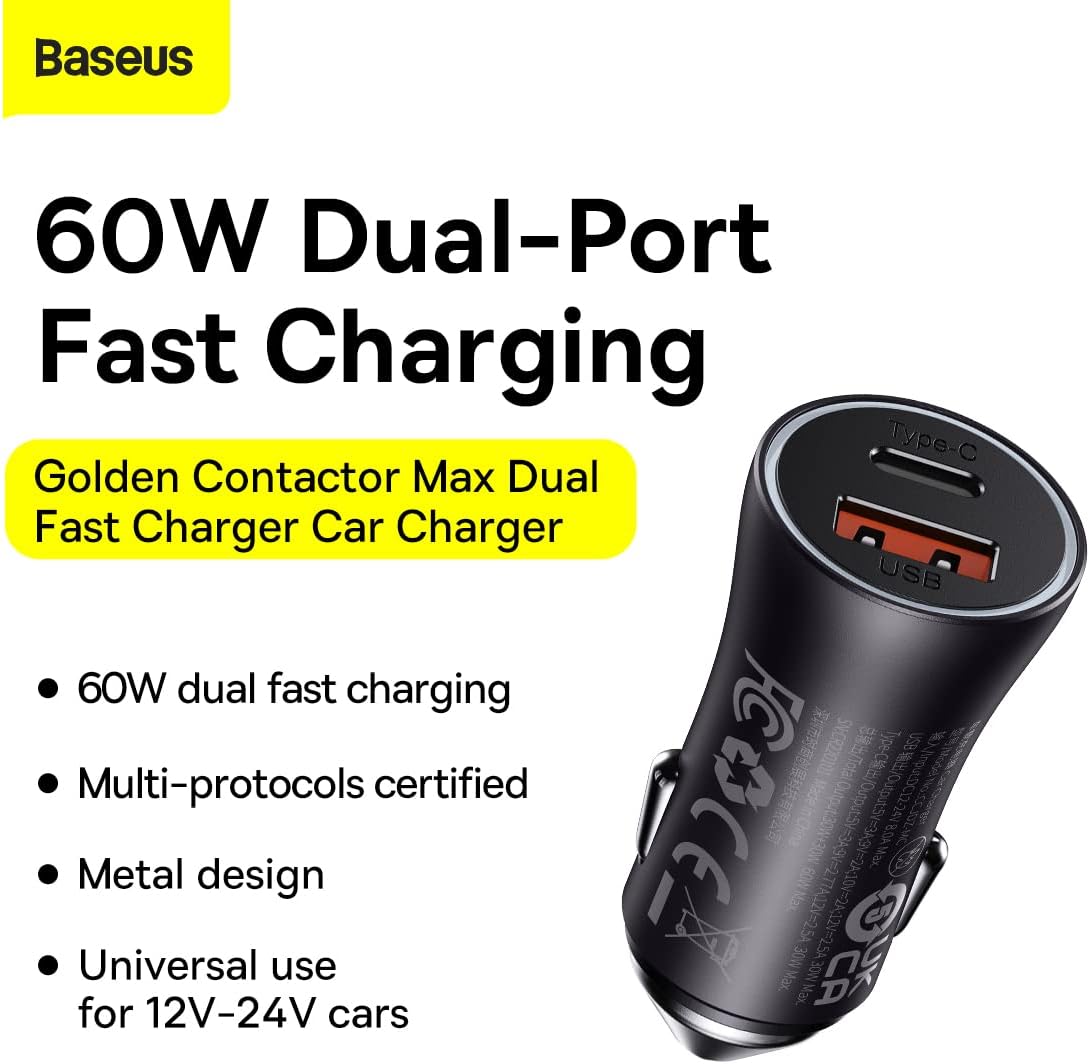 Baseus 60W Dual USB Fast Car Charger Adapter QC 3.0 & PD Quick Charge 3A, USB-C & USB-A Ports, Fast Charging — Black