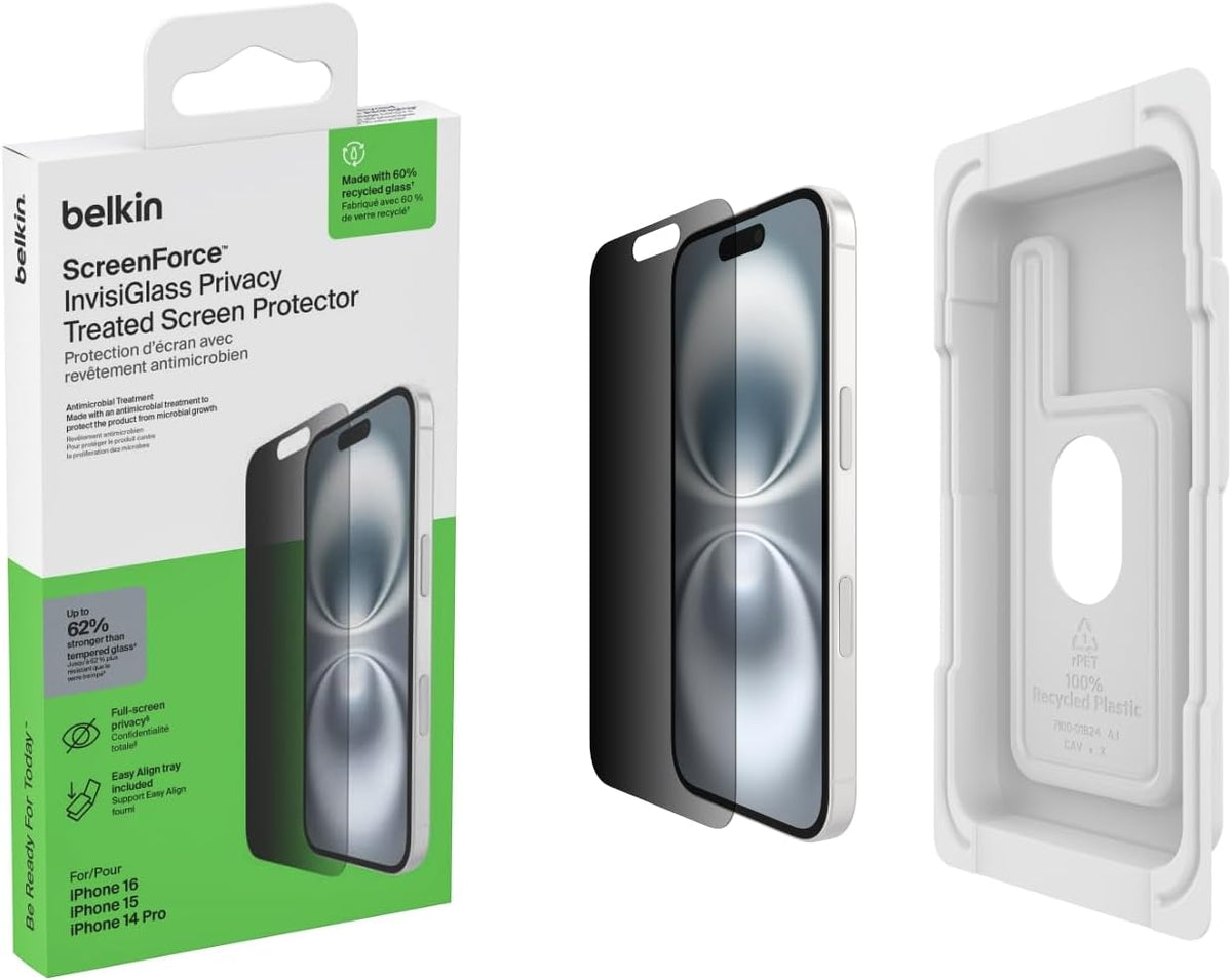 Belkin ScreenForce InvisiGlass iPhone 16 Privacy Screen Protector, scratch-resistant impact protection, easy align tray for bubble free application, recycled glass for iPhone 16, iPhone 15, 14 Pro