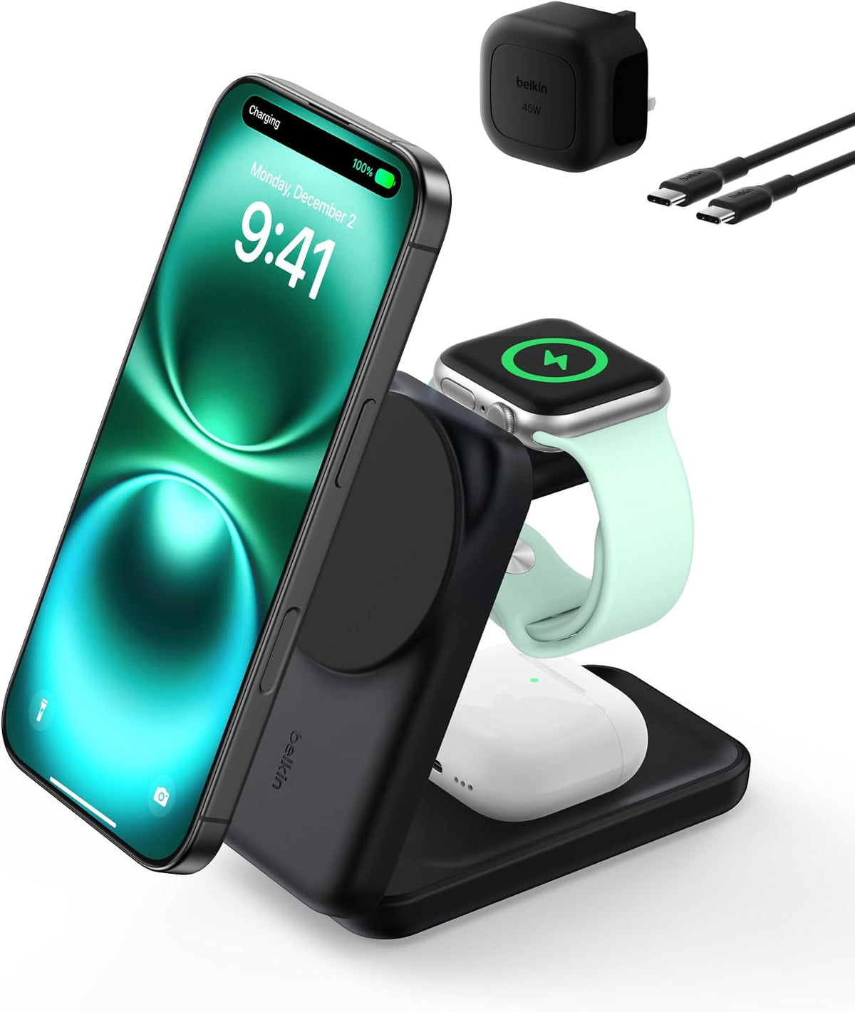 Belkin UltraCharge Magnetic Wireless Charger 25W, 3-in-1 Qi2.2 Certified MagSafe Compatible Fast Charger, Charging Station for iPhone 17, Air, Apple Watch, AirPods, Pixelsnap with 45W Adapter - Black