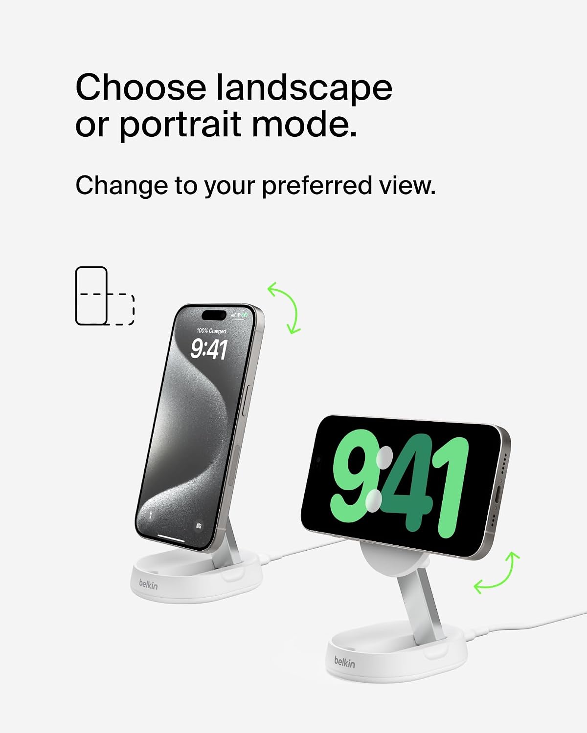 Belkin Fast Charge Pro 15W convertible magnetic wireless charging stand, MagSafe compatible fast Qi2 wireless charger, magnetic fast charger for iPhone 16/15/14/13, AirPods Pro, 20W plug incl. - White