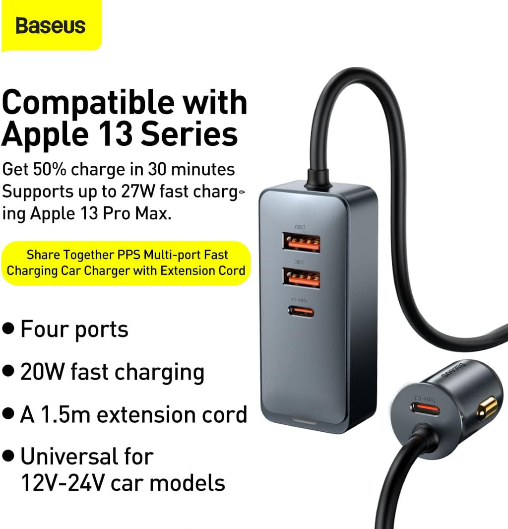 Baseus 120W 4-Port Car Charger Adapter with 5FT Cable, Fast Charging for Multiple Devices — Grey
