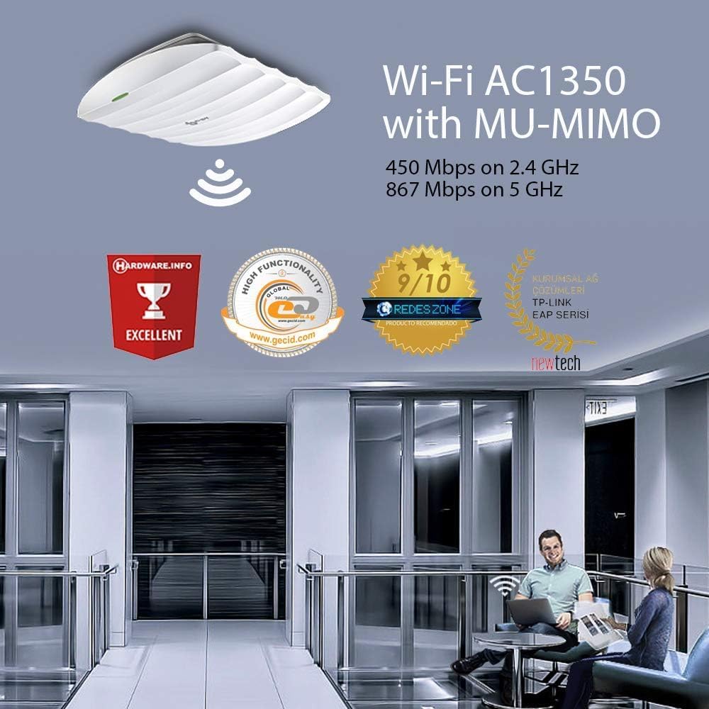 TP-Link AC1350 Wireless Access Point, Wi-Fi Dual Band with MU-MIMO, 1 Gigabit Ethernet Port Support 802.3af/at/24V Passive PoE, Support Multiple SSIDs, Easily Mount to Wall or Ceiling (EAP225)