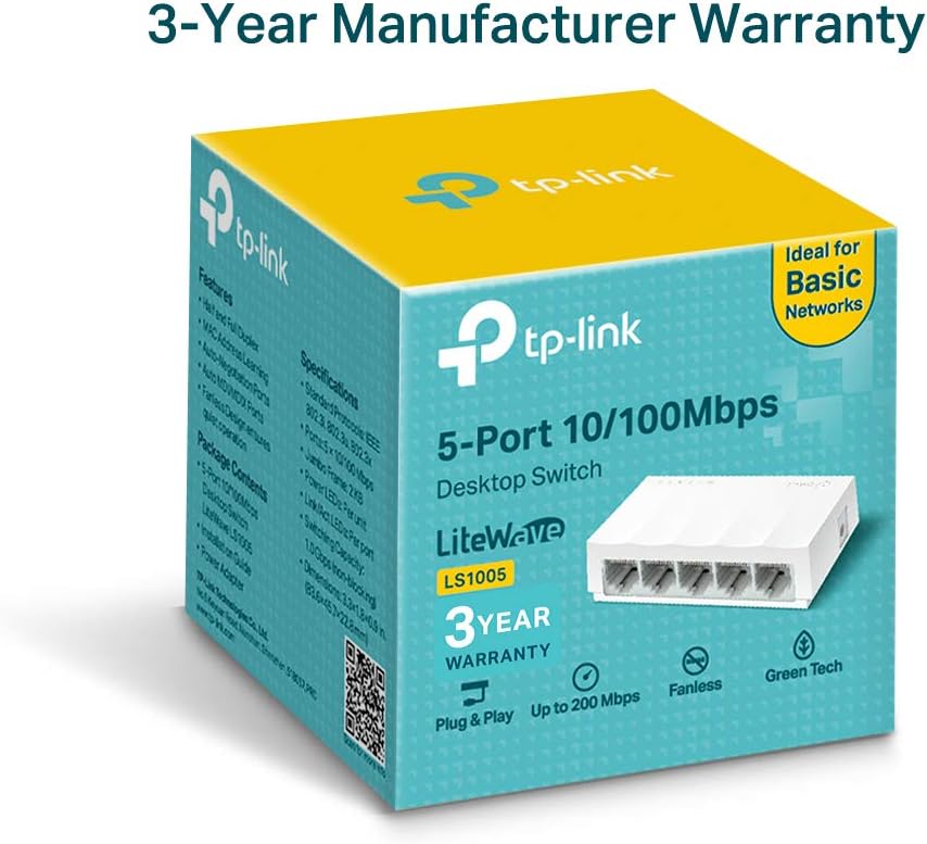 TP-Link 5-Port Desktop/Wallmount 10/100Mpbs Network/Ethernet Switch, Ethernet SPLITTER, Plastic Case (LS1005)