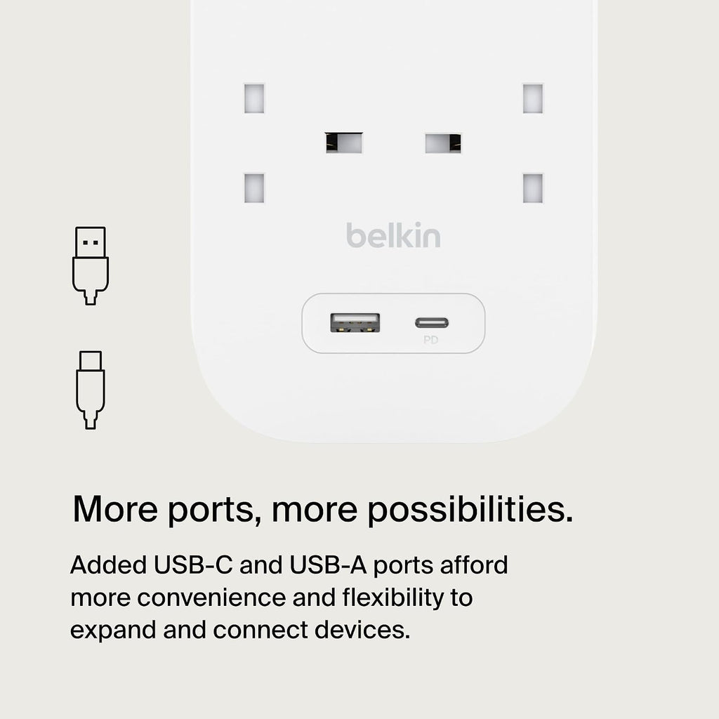 Belkin 8-Outlet Surge Protector Power Strip, Wall-Mountable with 8 AC Outlets, 2M Power Cord, & Green Indicator Light - USB-C Port & USB-A Port w/USB-C PD Fast Charging - 900 Joules of Protection