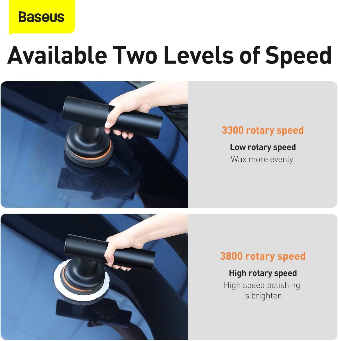 Baseus Mini Wireless Car Polishing Machine, Cordless Electric Polisher with Dual Speed Adjustment from 3300rpm/3800rpm With Flat Foam Pad, Waffle Foam Pad — 4000mAh 3800rpm — Black