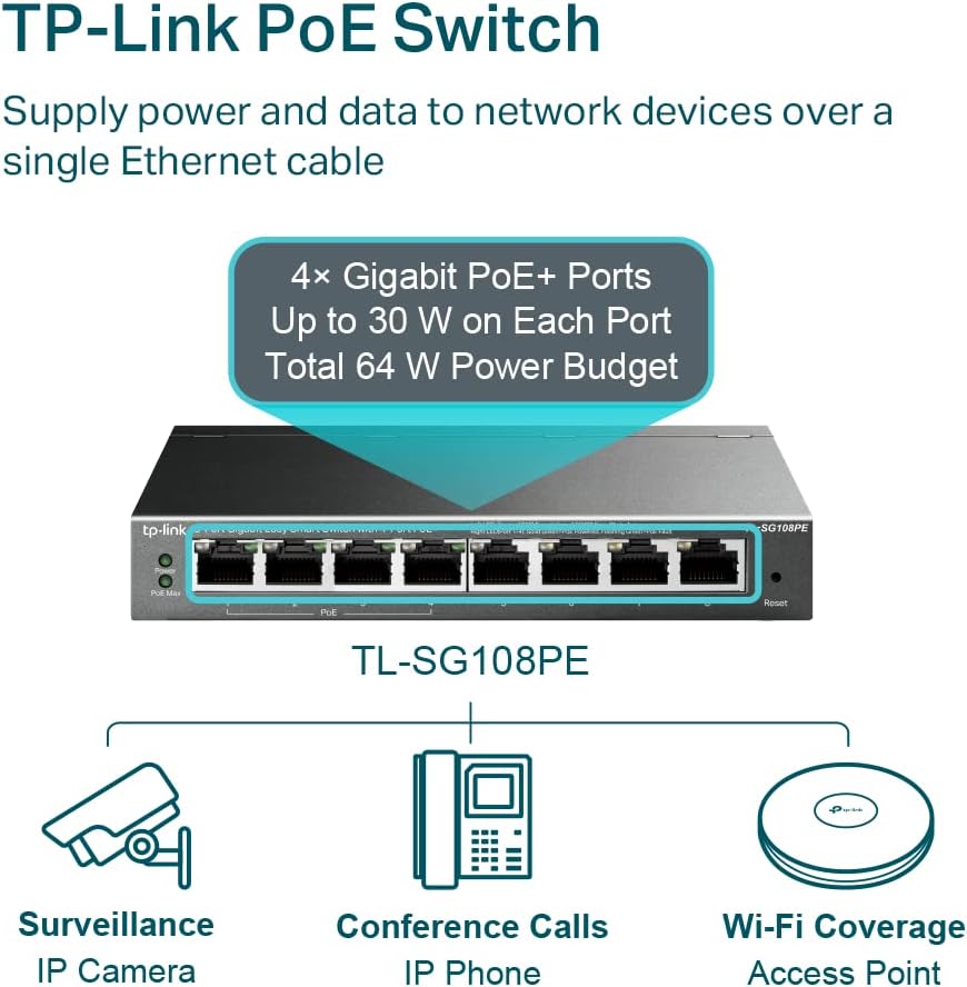 TP-Link PoE Switch 8-Port Gigabit, 4 802.3af/at PoE+ ports up to 30 W for each PoE port and 64 W for all PoE ports, Metal Casing, Network monitoring, VLAN, QoS, PoE Auto Recovery (TL-SG108PE V3)