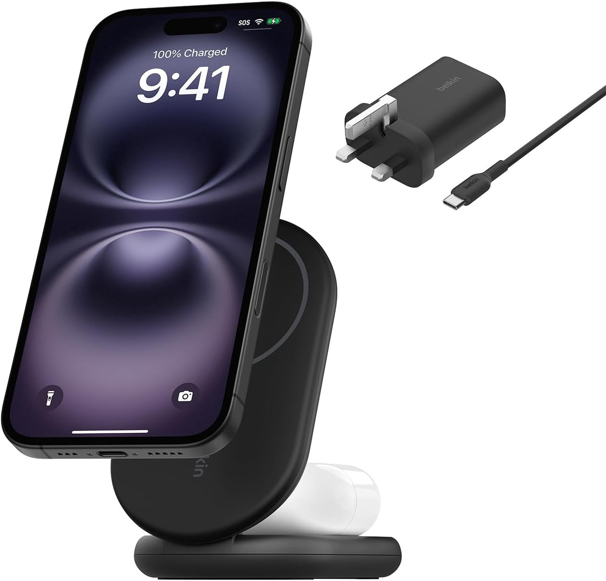 Belkin BoostCharge 2-in-1 Magnetic Foldable Qi2 Charger 15W, MagSafe Compatible Wireless Charger, Fast Charging for iPhone 17, Air, 16, 15, Charging Station with Non-Slip Base, PSU Included - Black
