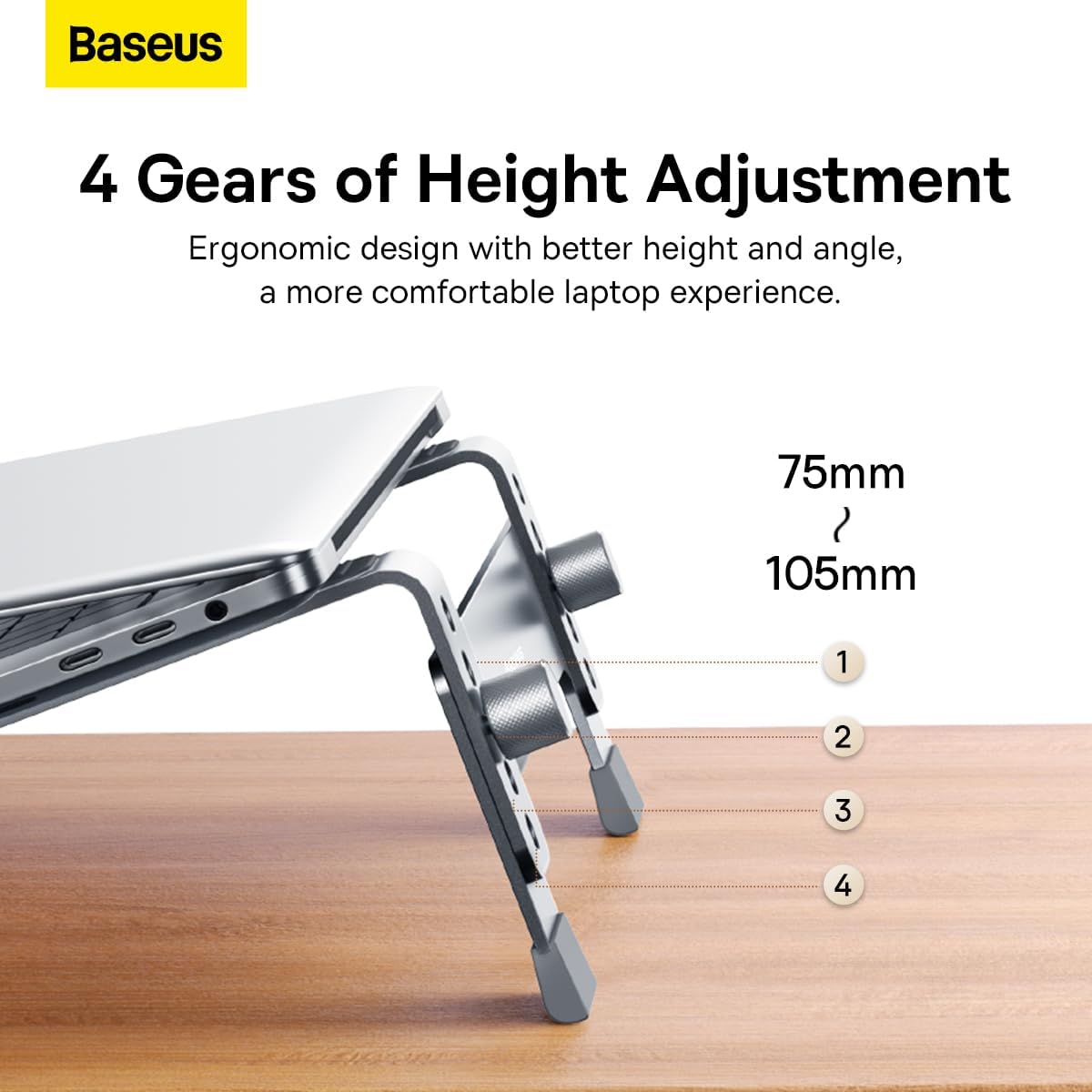 Baseus Laptop Stand for Desktop, Adjustable Ergonomic Portable Holder,4-Gear Adjustable — For Laptop (4-Gear Adjustable) — Grey