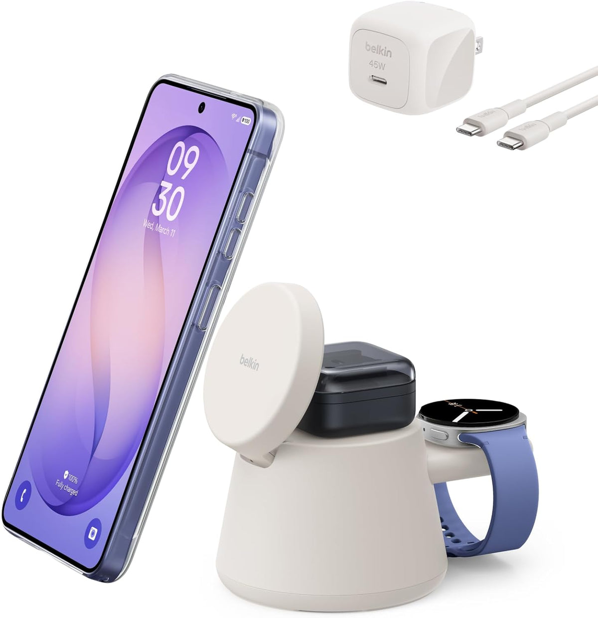 Belkin 3-in-1 Wireless Charging Station for Samsung Galaxy S26, Android - Qi2.2 25W Magnetic Charger for Pixel 10, iPhone 17, USB C Port for Galaxy, Pixel, & Apple Watch (Watch Charger Not Included)