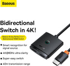 Baseus 2 IN 1 OUT HDMI Switch, Bi-Directional HDMI Splitter, Easy Switch HDMI Selector Support 4K, HDR, 3D, HDCP — Switch W/Cable — Black