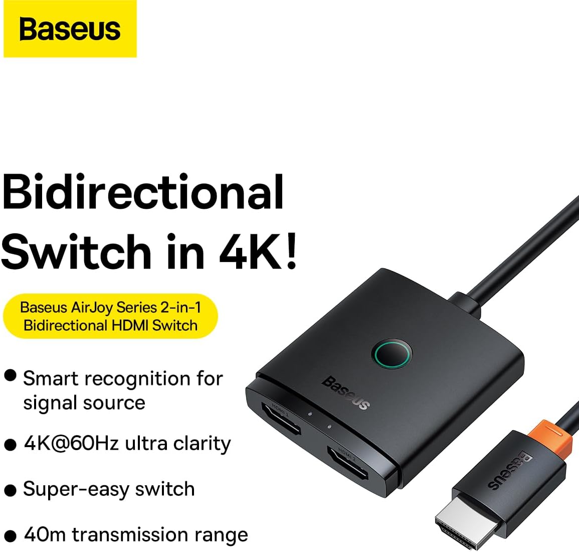 Baseus 2 IN 1 OUT HDMI Switch, Bi-Directional HDMI Splitter, Easy Switch HDMI Selector Support 4K, HDR, 3D, HDCP — Switch W/Cable — Black