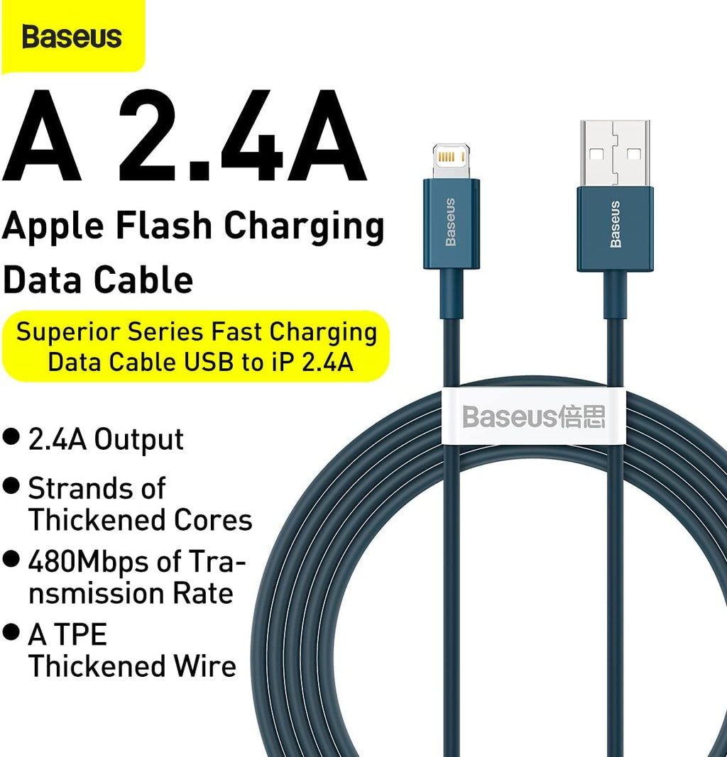 Baseus Superior Series PD 2.4A USB to Lightning Fast Charging Cable, High-Speed 480Mbps Data Transfer Cable — 2M — Blue