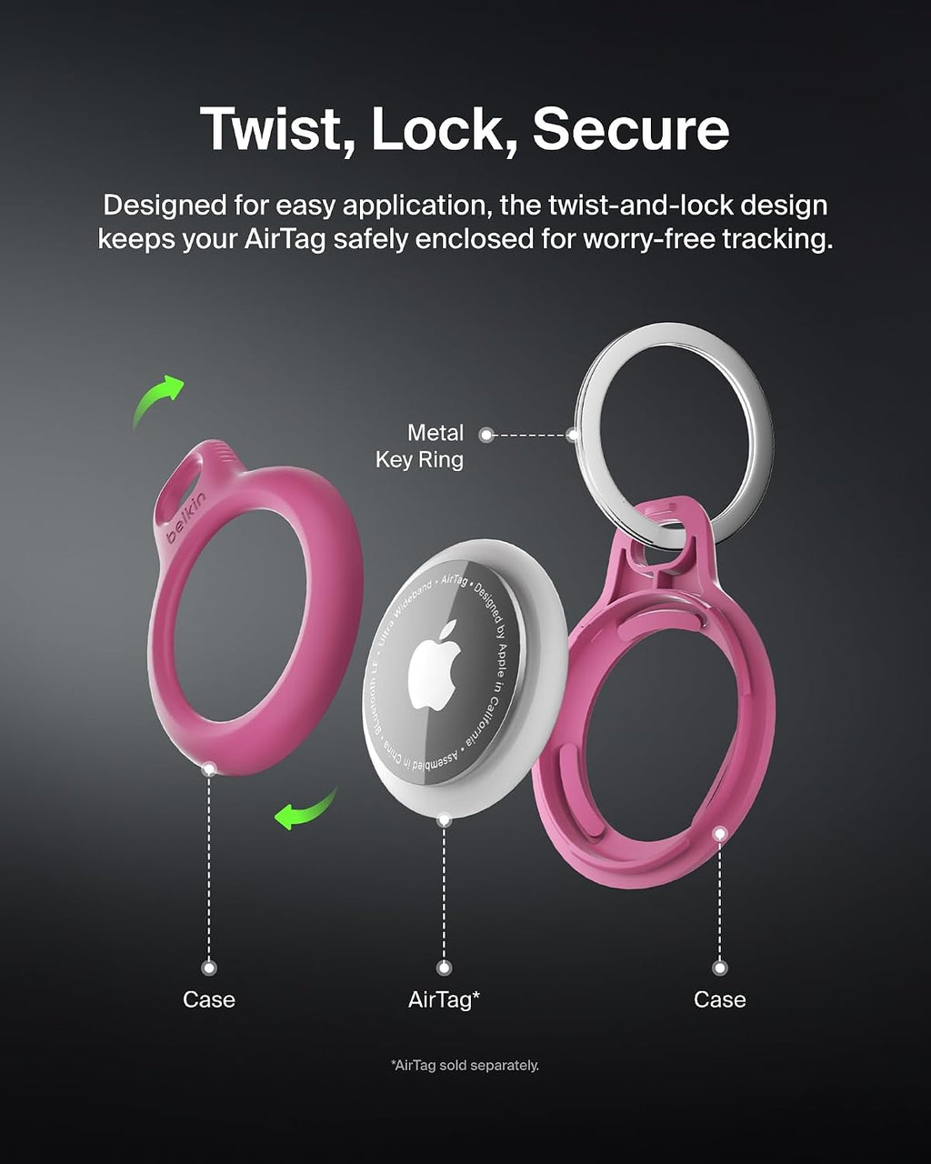Belkin Airtag Case With Key Ring (Secure Holder Protective Cover For Air Tag Scratch Resistance Accessory) – Pink