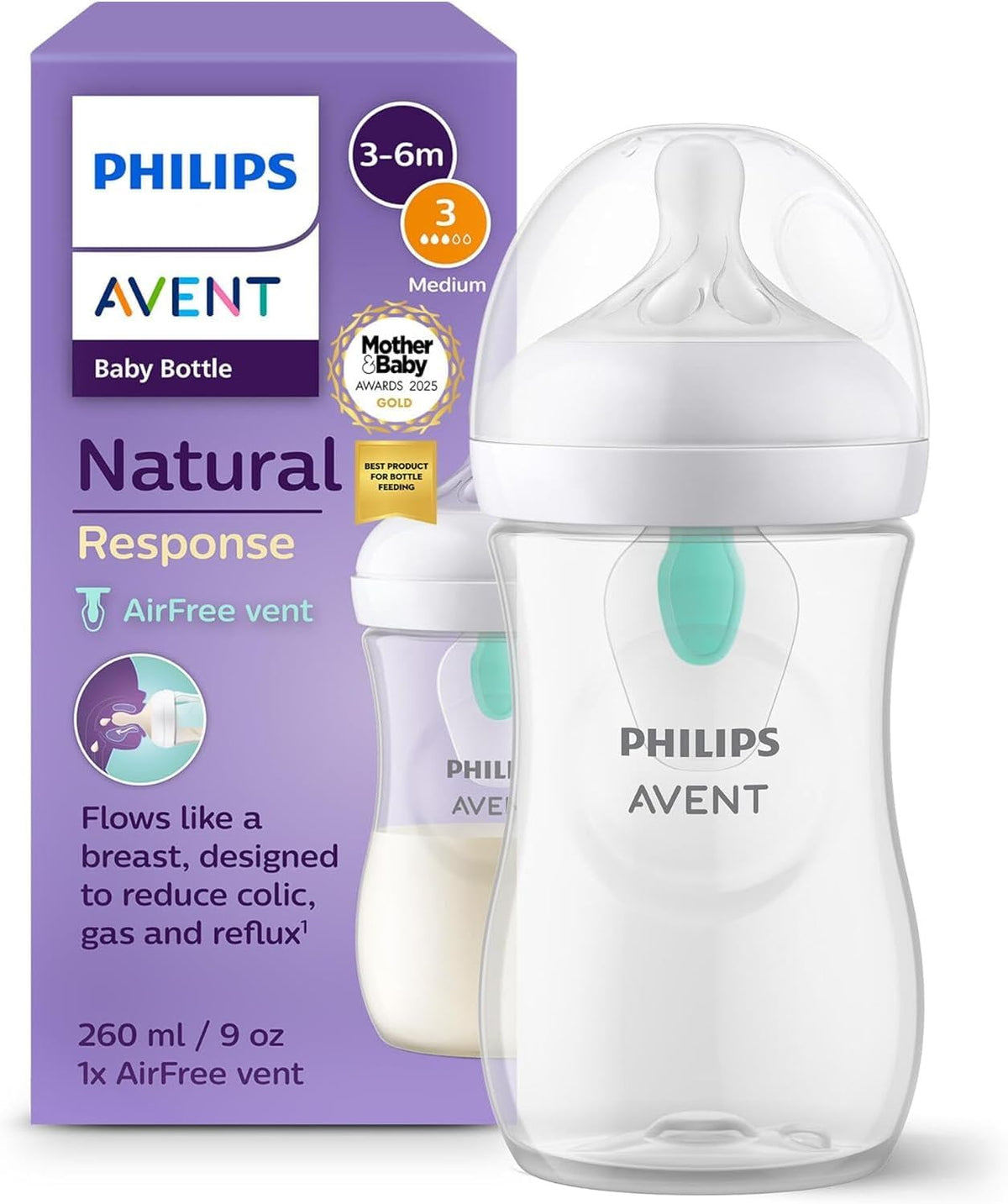 Philips AVENT Natural Response Baby Bottle with AirFree Valve, 260 ml, BPA-Free, for Newborns from 1 Month (Model SCY673/01) — Clear