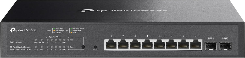 TP-Link TL-SG2210MP | Jetstream 10 Port Gigabit Smart Managed PoE switch | 8 PoE+ Ports @ 150W, 2 SFP Slots | Support Omada SDN | PoE Recovery | IPv6 | Static Routing | 5 Year Manufacturer Warranty
