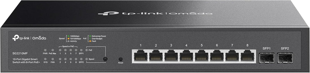 TP-Link TL-SG2210MP | Jetstream 10 Port Gigabit Smart Managed PoE switch | 8 PoE+ Ports @ 150W, 2 SFP Slots | Support Omada SDN | PoE Recovery | IPv6 | Static Routing | 5 Year Manufacturer Warranty