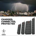 Belkin 8-Socket Extension Board with Surge Protector Universal Socket with 6.5Ft (2-Meter) Heavy Duty Cable Overload Protection, Comes with 5 Years Manufacturer Warranty, Grey Color, 220 Volts