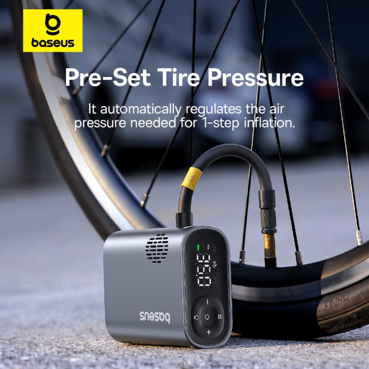 Baseus PrimeTrip Portable Bike Pump, 150PSI Air Inflator, Rechargeable Tire Pump with Digital Display, Fast 90s Inflation, Alloy Steel, Includes Bike Mount, Black — Black