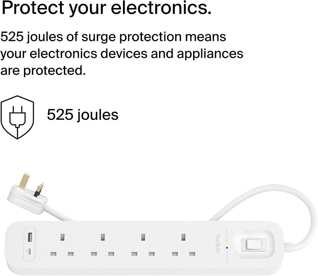 Belkin 4-Outlet Surge Protector Power Strip, Wall-Mountable with 4 AC Outlets, 2M Power Cord, & Green Indicator Light - USB-C Port & USB-A Port w/USB-C PD Fast Charging - 525 Joules of Protection