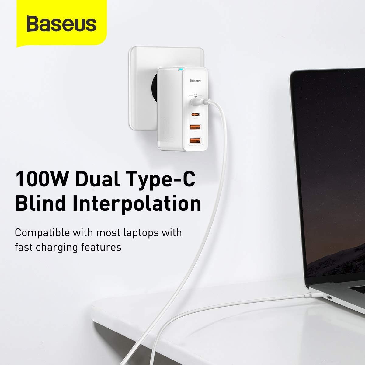 Baseus 100W GaN Charger 4-Port Fast Charging Adapter USB-C PD 3.0 Quick Charger for Laptop, MacBook, iPhone 13 Pro Max, Samsung Galaxy, Xiaomi, Tablets — 100W-EU-2C+2A — White