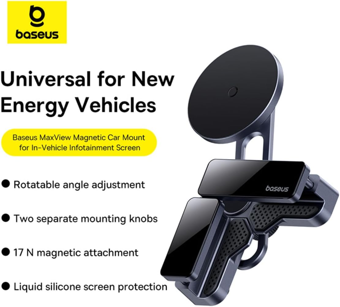 Baseus MaxView Magnetic Car Mount for Infotainment Screen, 270° Adjustable Arm, 360° Ball Joint, Glue-Free Clamp for 7.5-14mm Screens (Tesla, EV) - Space Grey — 180°-Foldable-MaxView — Space Grey