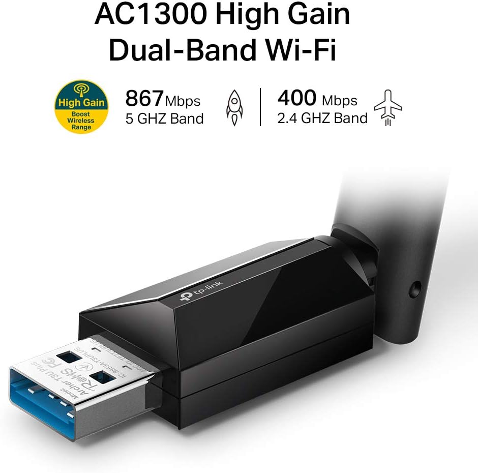 TP-LINK AC1300 High Gain USB 3.0 Wi-Fi Dongle, Dual Band MU-MIMO Wi-Fi Adapter with 5dBi Antenna for PC/Desktop/Laptop, Supports Windows 10/8.1/8/7 (Archer T3U Plus)