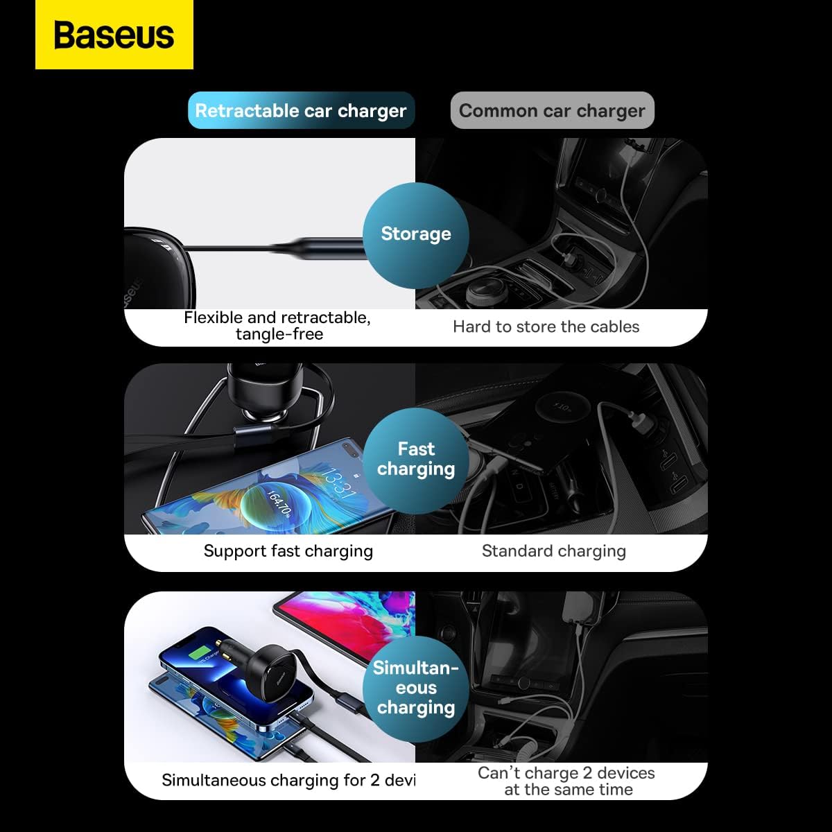 Baseus Enjoyment 30W Retractable 2-in-1 Car Charger, Fast Charging with Built-in Lightning & Type-C Cable, PD & QC 3.0, for 12V-24V Cars (Black) — Black