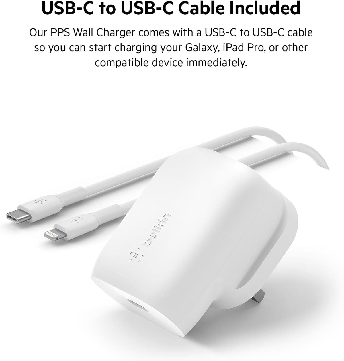 Belkin 30W USB C wall charger with PPS, Power Delivery, USB-IF certified PD 3.0, fast charger plug for iPhone 17, Air, 16, 15, Samsung Galaxy S25, iPad, AirPods, Pixel, more - USB C Cable included