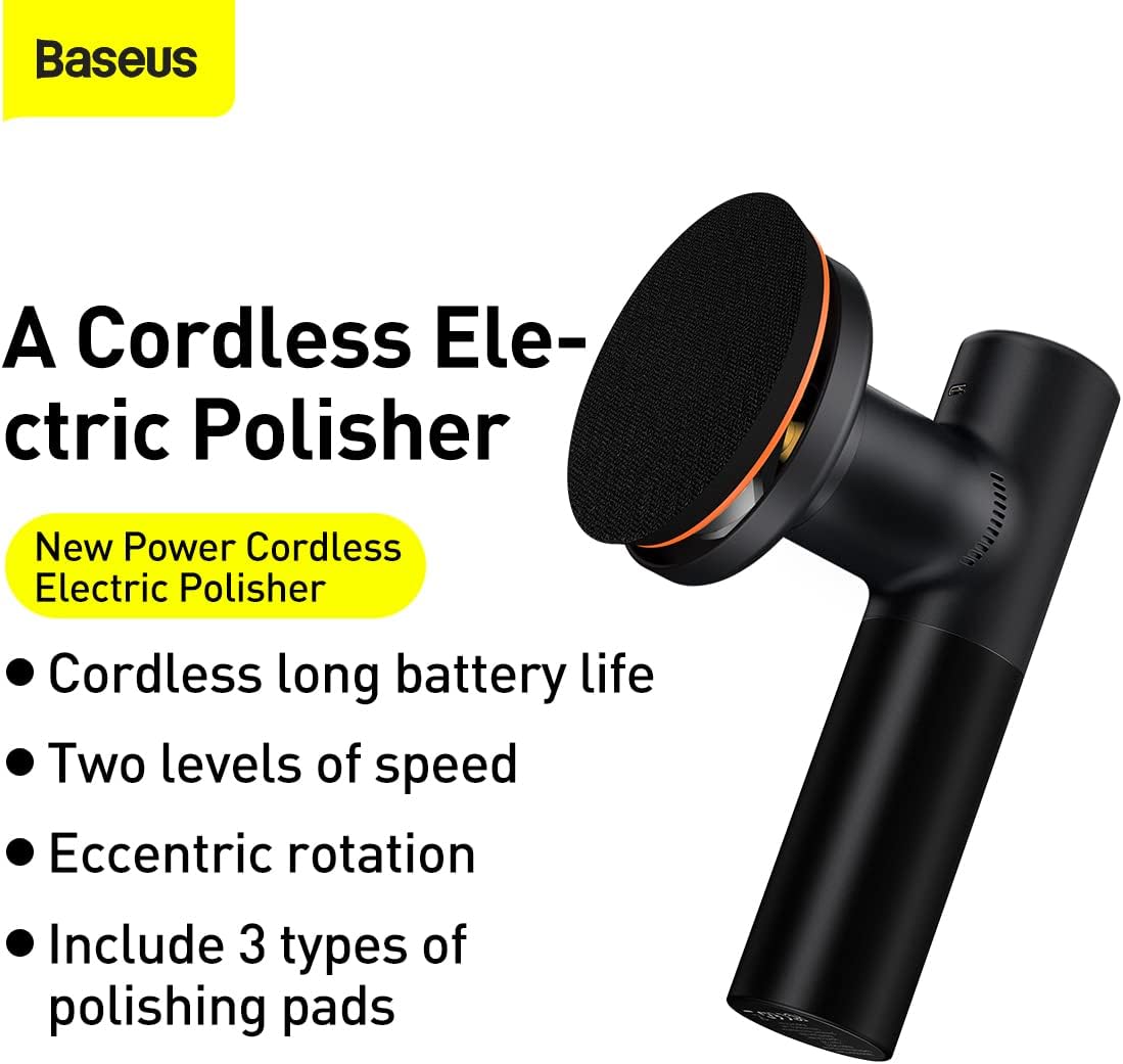 Baseus Mini Wireless Car Polishing Machine, Cordless Electric Polisher with Dual Speed Adjustment from 3300rpm/3800rpm With Flat Foam Pad, Waffle Foam Pad — 4000mAh 3800rpm — Black