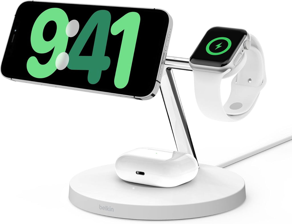 Belkin BoostCharge Pro 3-in-1 Wireless Charger with Qi2 for iPhone 17, Air, 16, 15, 14, 13, 12 + Apple Watch + AirPods + Pixelsnap, 15W MagSafe Compatible Charging Station - White