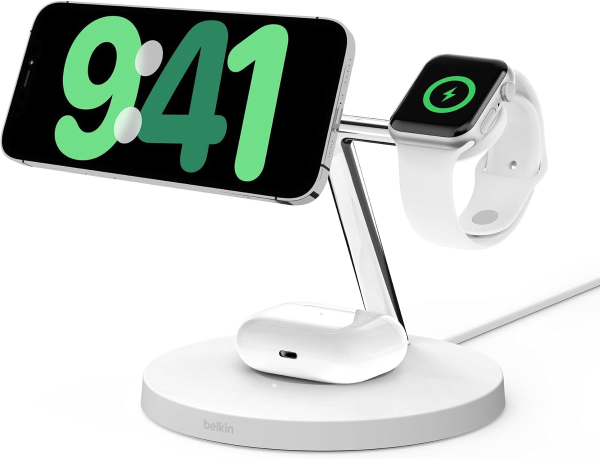 Belkin BoostCharge Pro 3-in-1 Wireless Charger with Qi2 for iPhone 17, Air, 16, 15, 14, 13, 12 + Apple Watch + AirPods + Pixelsnap, 15W MagSafe Compatible Charging Station - White