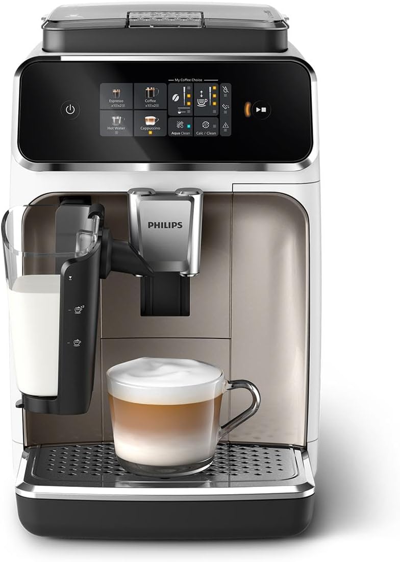 Philips 2300-Series Fully Automatic Espresso Machine - 4 Drinks, Modern Color Touch Screen, LatteGo Milking System, SilentBrew, Ceramic Mill, AquaClean Filter. White Chrome (EP2333/40) — White & Chrome