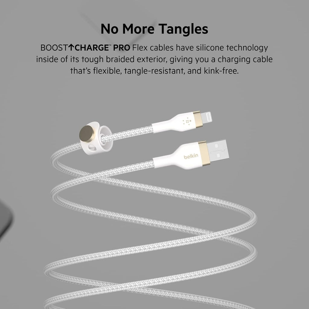 Belkin BoostCharge Pro Flex Braided USB Type A to Lightning Cable (1M/3.3FT), MFi Certified Charging Cable for iPhone 14/14 Plus, 13, 12, Pro, Max, Mini, SE, iPad and More - White (Pack of 2)