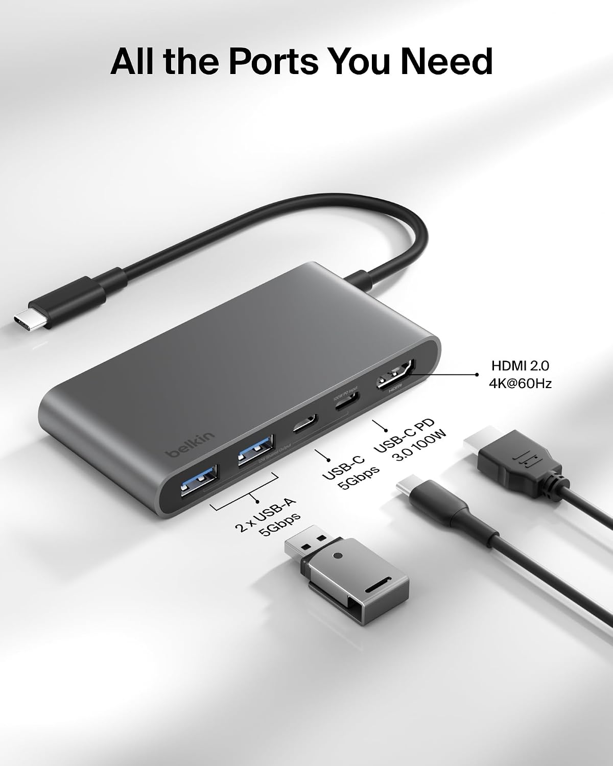 Belkin USB C Hub, 5-Port Hub w/ 4K HDMI Display @ 60Hz, 100W Power Delivery, Fast Data Transfer 5Gbps, USB C Multiport Adapter for MacBook, iPad Pro, Chromebook, & More - Upgraded HDMI 2.0 - Grey