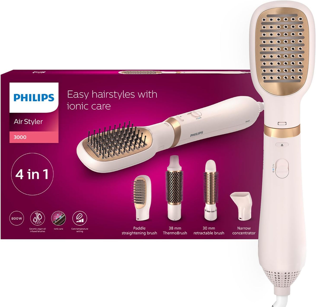 Philips 3000 Series Air Styler BHA310/03 — 800W — 4-in-1 Dryer & Styler — 4 attachments (Retractable bristle brush,38mm Thermobrush,Nozzle,Paddle straightening brush) Ionic Care — 3 Heat Settings — Rose/Gold